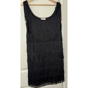 California Flapper Dress Large Black Gold Great Gatsby Party Beaded 20s‎ Fringe
